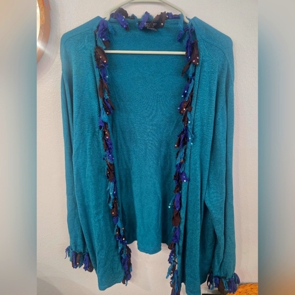 Karen Kane Teal Open Front Sweater with Fringe Detail, Plus Size 3X - Picture 2 of 4